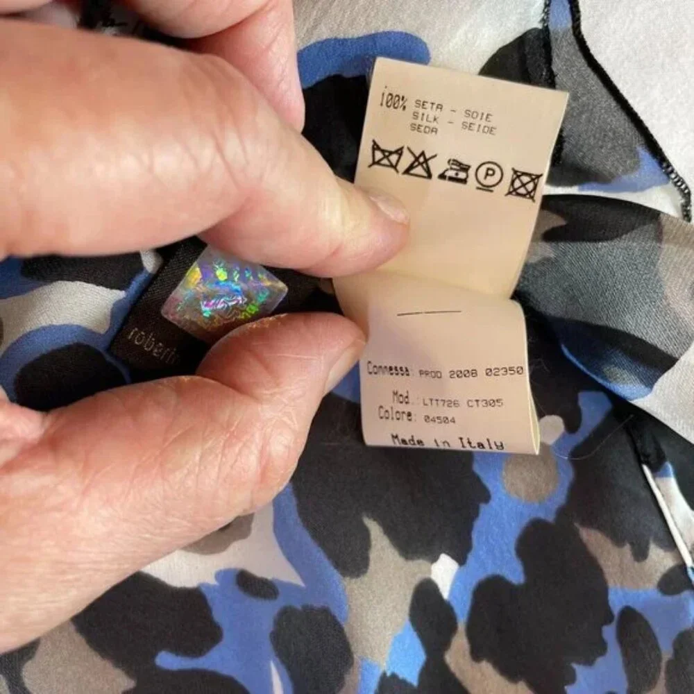 Robert Cavalli Blue Black Leopard Print Silk Blouse Bell Sleeve Sheer Size XS - Picture 12 of 13